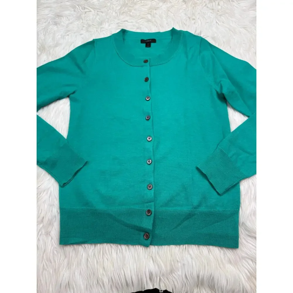 J. Crew 100% Merino Wool Tippi Cardigan Teal Size S Classic Preppy Old Money